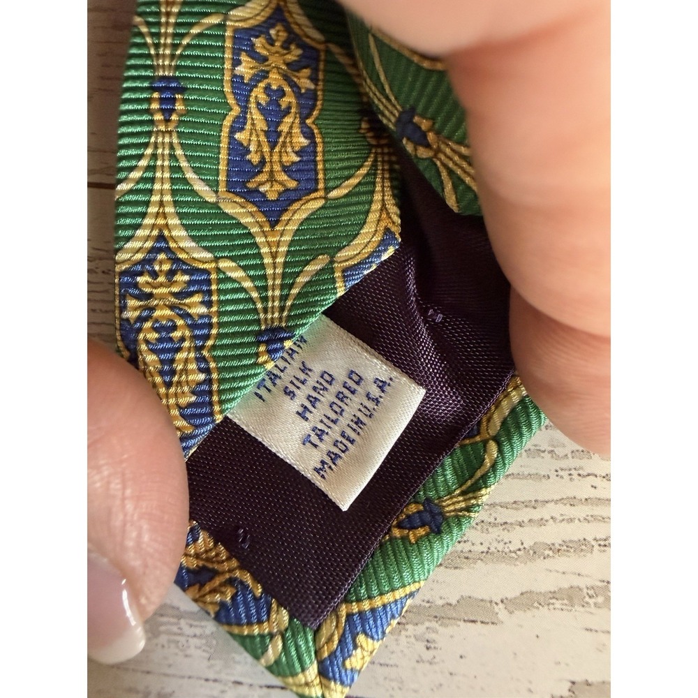 Paul Fredrick Silk Tie 4" Wide Green Blue Gold Ornate Medallion Classic Executiv - Picture 11 of 16